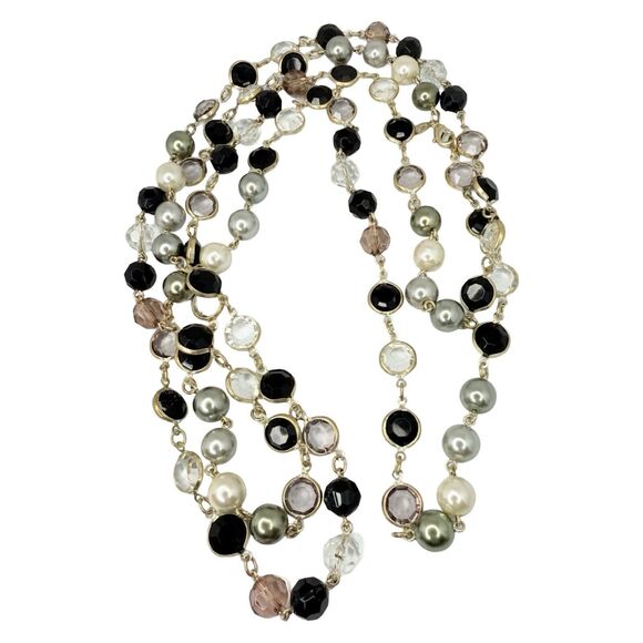 Vintage Black & White Rivoli Beaded Layering Necklace 60" Silver Tone - Picture 12 of 12